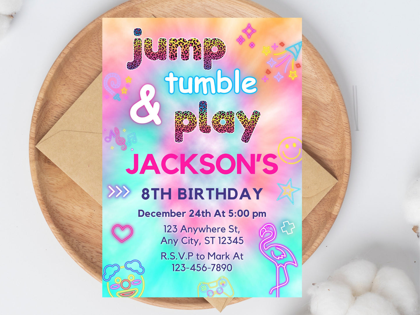 Trampoline Birthday Invitation, Tie Dye Jump Theme (Digital Download)