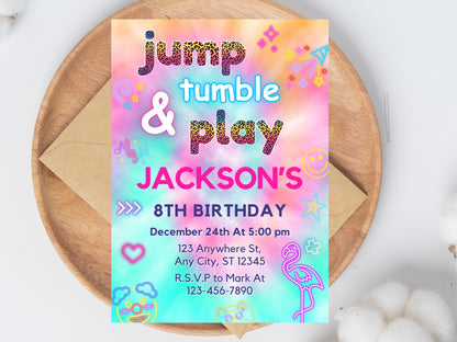 Trampoline Birthday Invitation, Tie Dye Jump Theme (Digital Download)