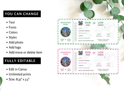 Printable Boarding Pass Template, Surprise Trip Ticket (Canva Editable)