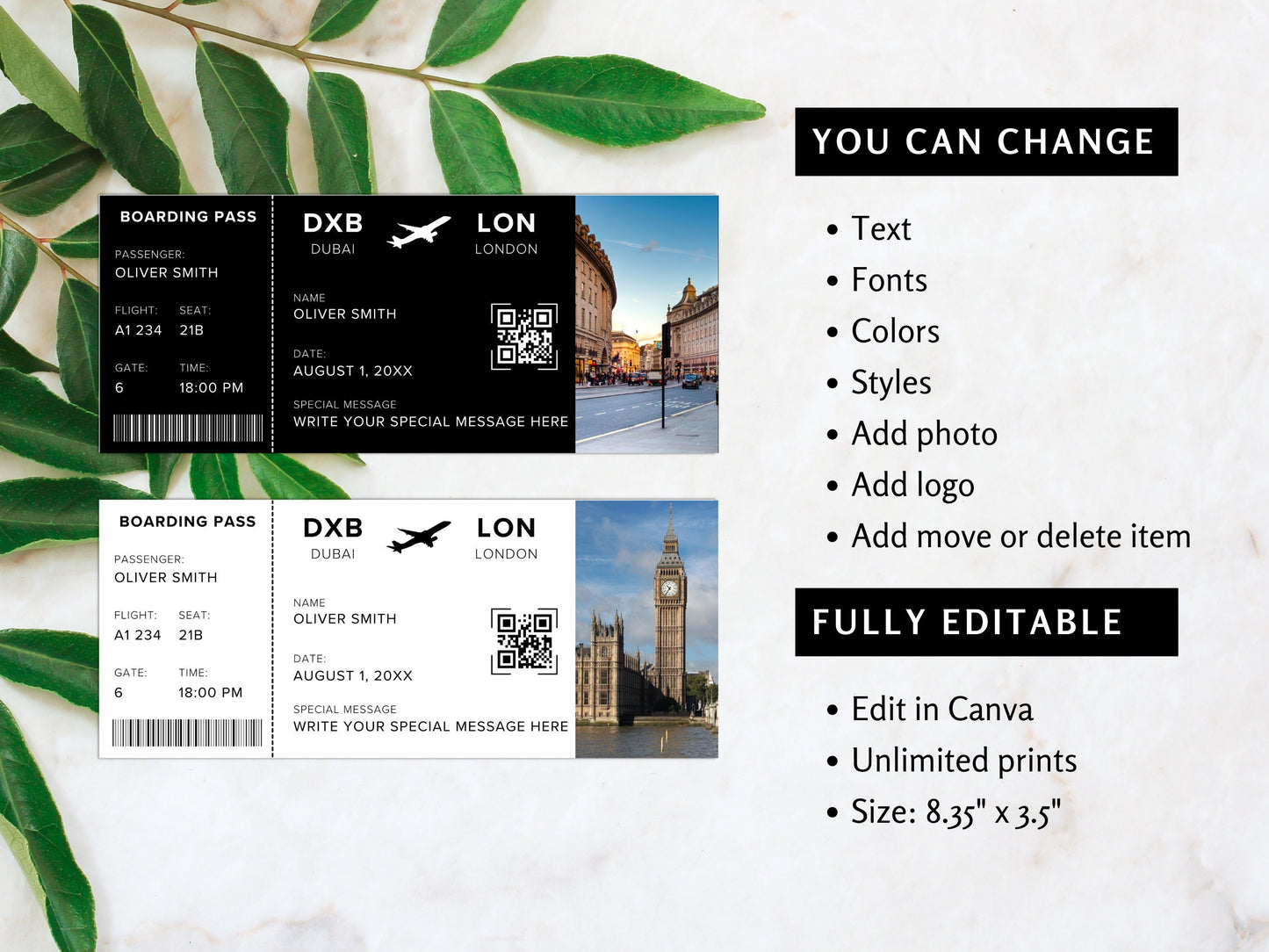 Editable Airline Ticket Boarding Pass, Surprise Trip Gift (Canva Template)