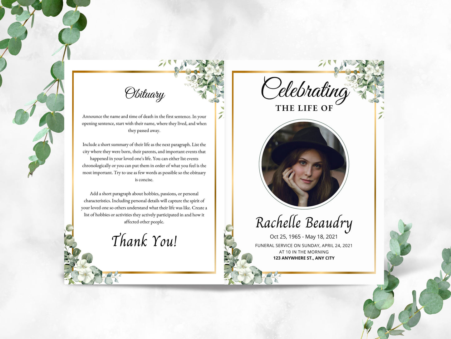 Floral Funeral Program Template, Obituary, Bi-Fold (Editable Canva)