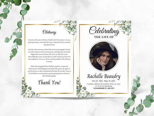 Floral Funeral Program Template, Obituary, Bi-Fold (Editable Canva)