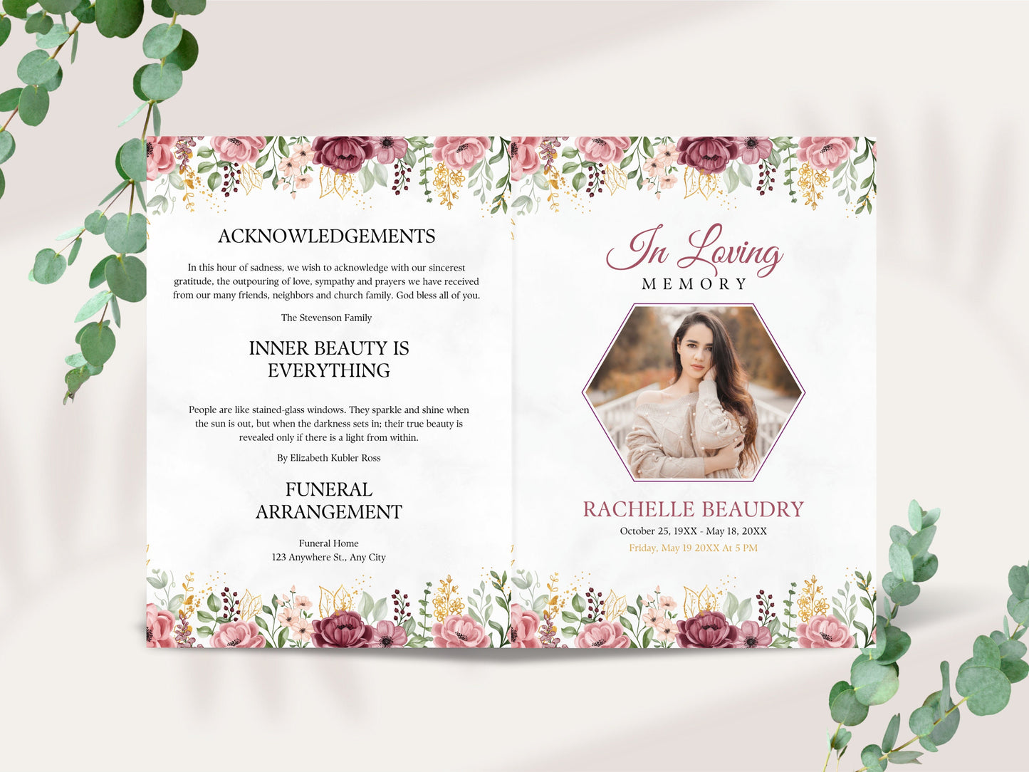 Floral Funeral Program Template, Obituary, Bi-Fold (Editable Canva Template)