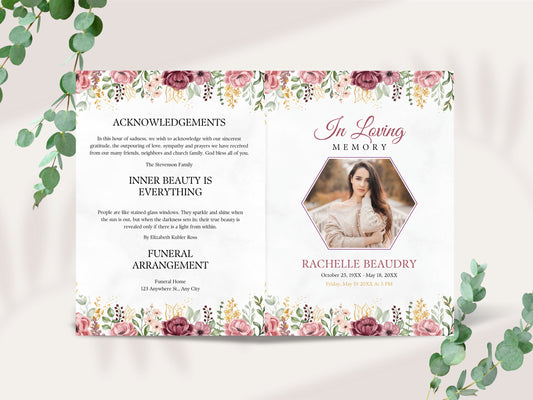 Floral Funeral Program Template, Obituary, Bi-Fold (Editable Canva Template)