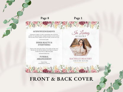 Floral Funeral Program Template, Obituary, Bi-Fold (Editable Canva Template)