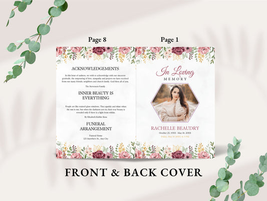 Floral Funeral Program Template, Obituary, Bi-Fold (Editable Canva Template)