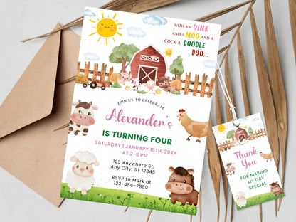 Farm Animals Birthday Invitation, Editable Barnyard Template (Digital Download)