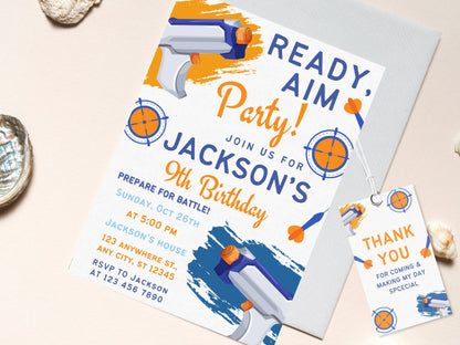 Bearbeitbare Einladung zur Nerf-Geburtstagsparty, Einladung zur Dart-Geburtstagsparty, Dart-Geburtstagseinladung mit Dankeswort, bearbeitbare Canva-Vorlage