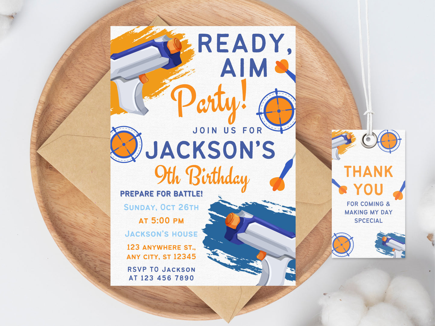Bearbeitbare Einladung zur Nerf-Geburtstagsparty, Einladung zur Dart-Geburtstagsparty, Dart-Geburtstagseinladung mit Dankeswort, bearbeitbare Canva-Vorlage