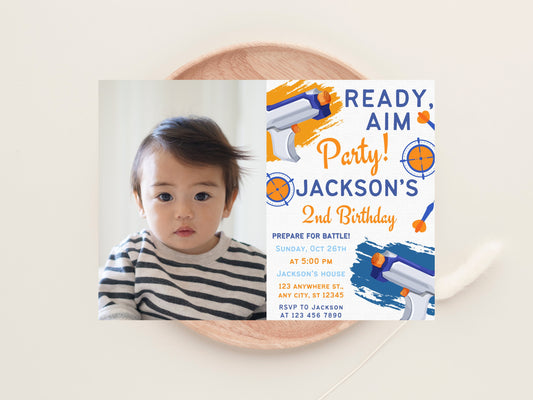 Bearbeitbare Nerf-Geburtstagseinladung, Foto-Dart-Party (Canva-Vorlage)