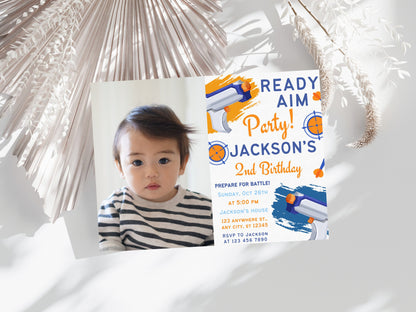 Bearbeitbare Nerf-Geburtstagseinladung, Foto-Dart-Party (Canva-Vorlage)
