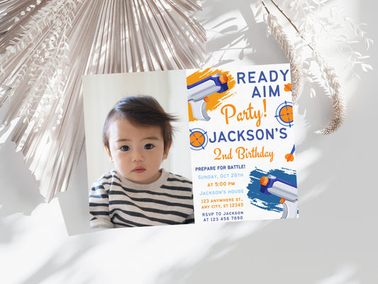 Editable Nerf Birthday Invitation, Photo Dart Party (Canva Template)