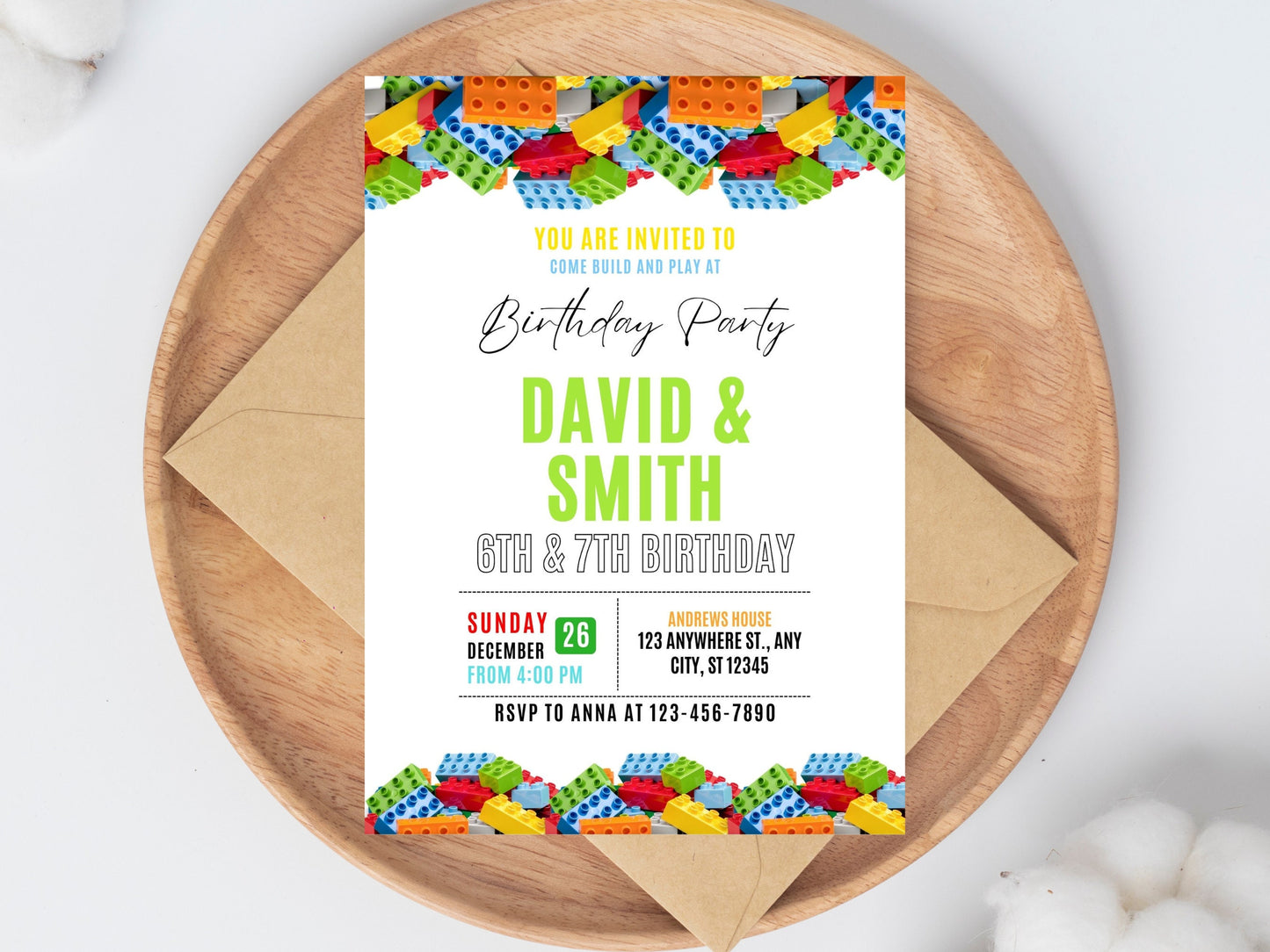 Building Blocks Birthday Invitation, Kids Party, Editable Canva Template (Digital Download)