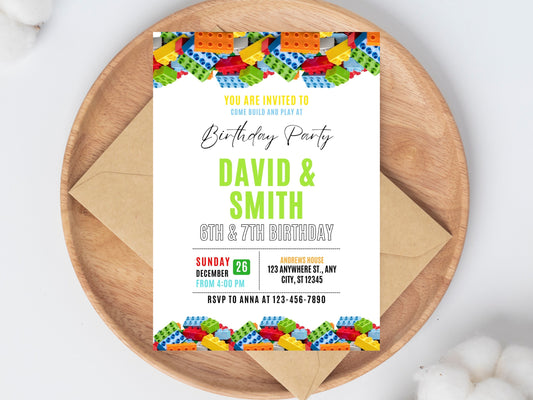 Geburtstagseinladung mit Bausteinen, Kinderparty, bearbeitbare Canva-Vorlage (digitaler Download)
