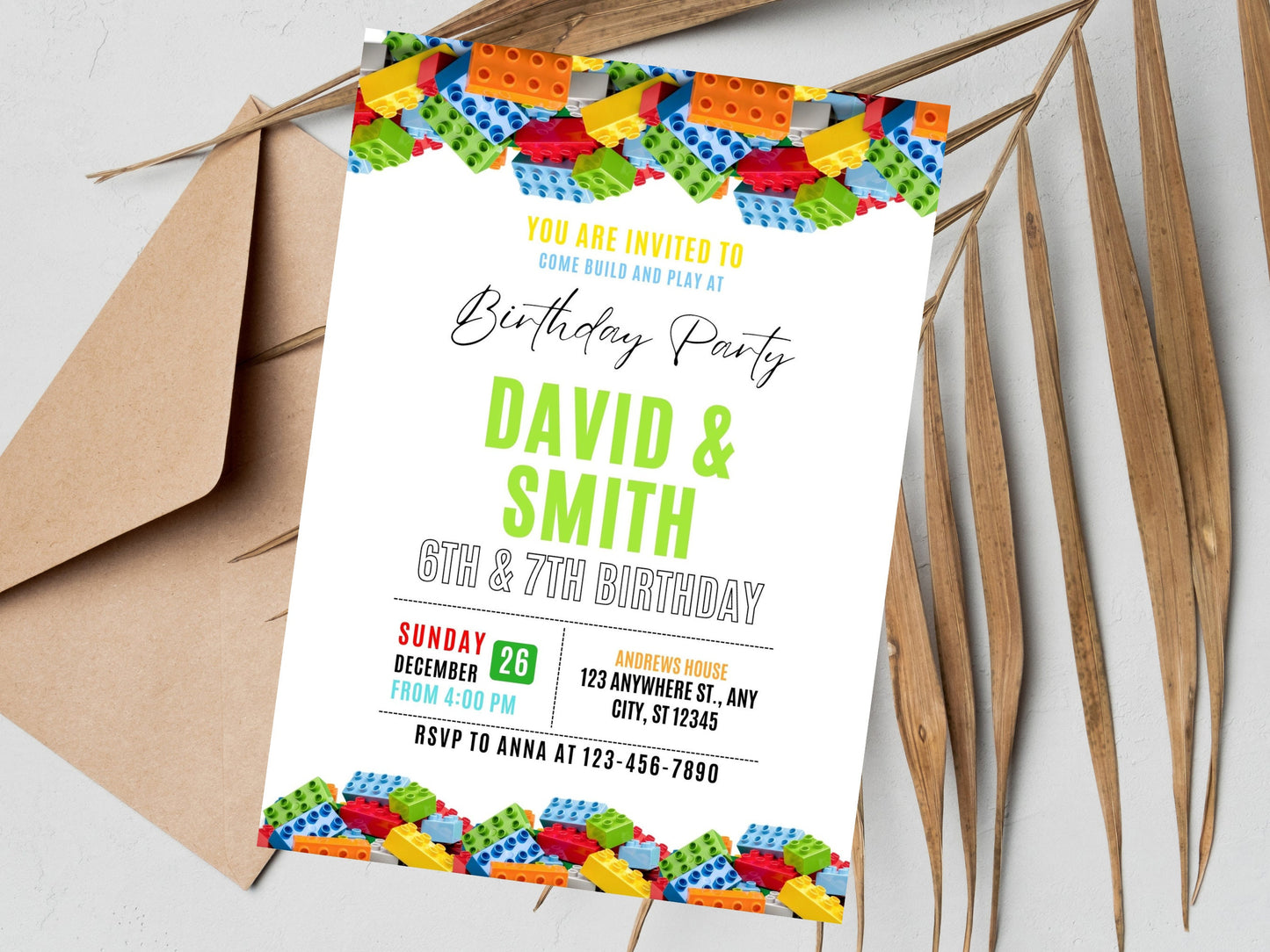 Building Blocks Birthday Invitation, Kids Party, Editable Canva Template (Digital Download)