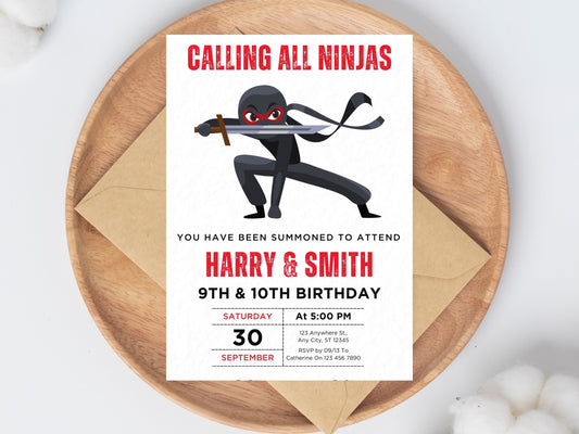 Ninja Warrior Birthday Invitation, Siblings Karate Party (Editable Template)