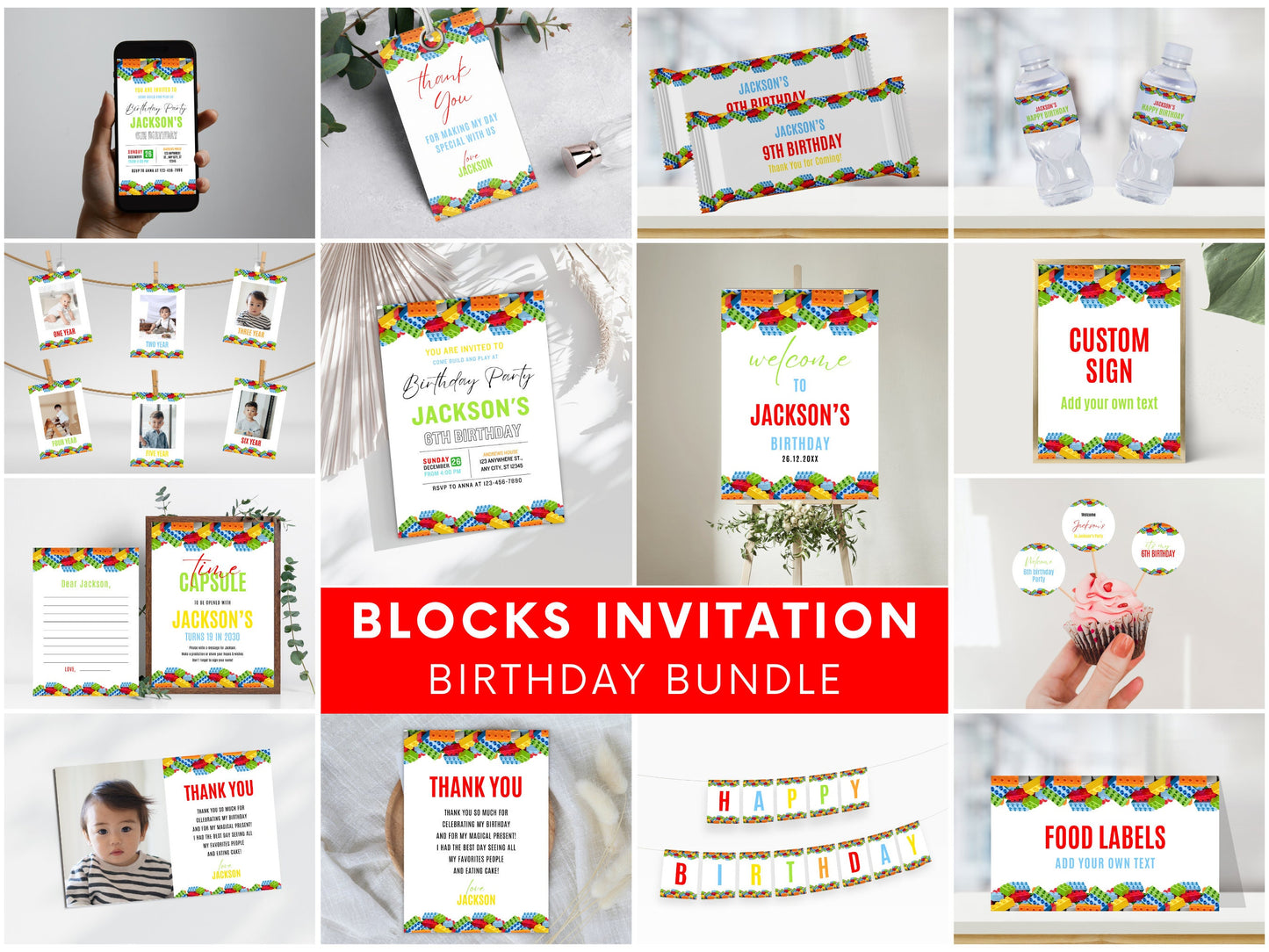 Building Block Birthday Invitation Bundle, Kids Party Decor (Digital Download)