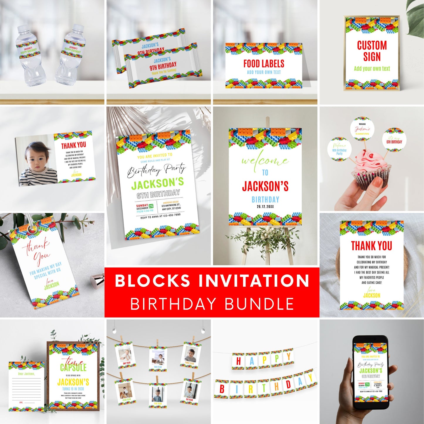Building Blocks Birthday Party Bundle, Editable Template (Digital Download)