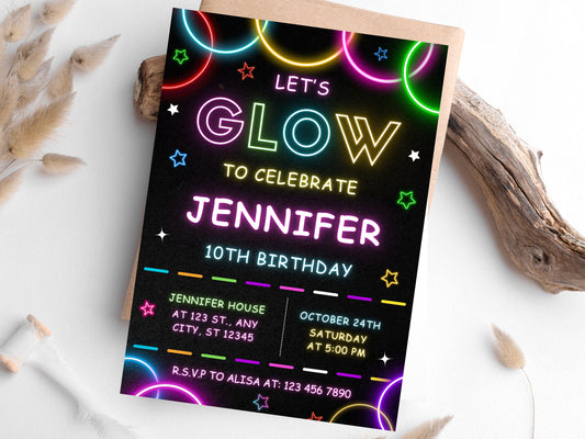 Editable Glow Party Birthday Invitation Template, Neon Invite (Digital Download)