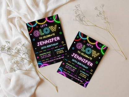 Editable Glow Party Birthday Invitation Template, Neon Invite (Digital Download)