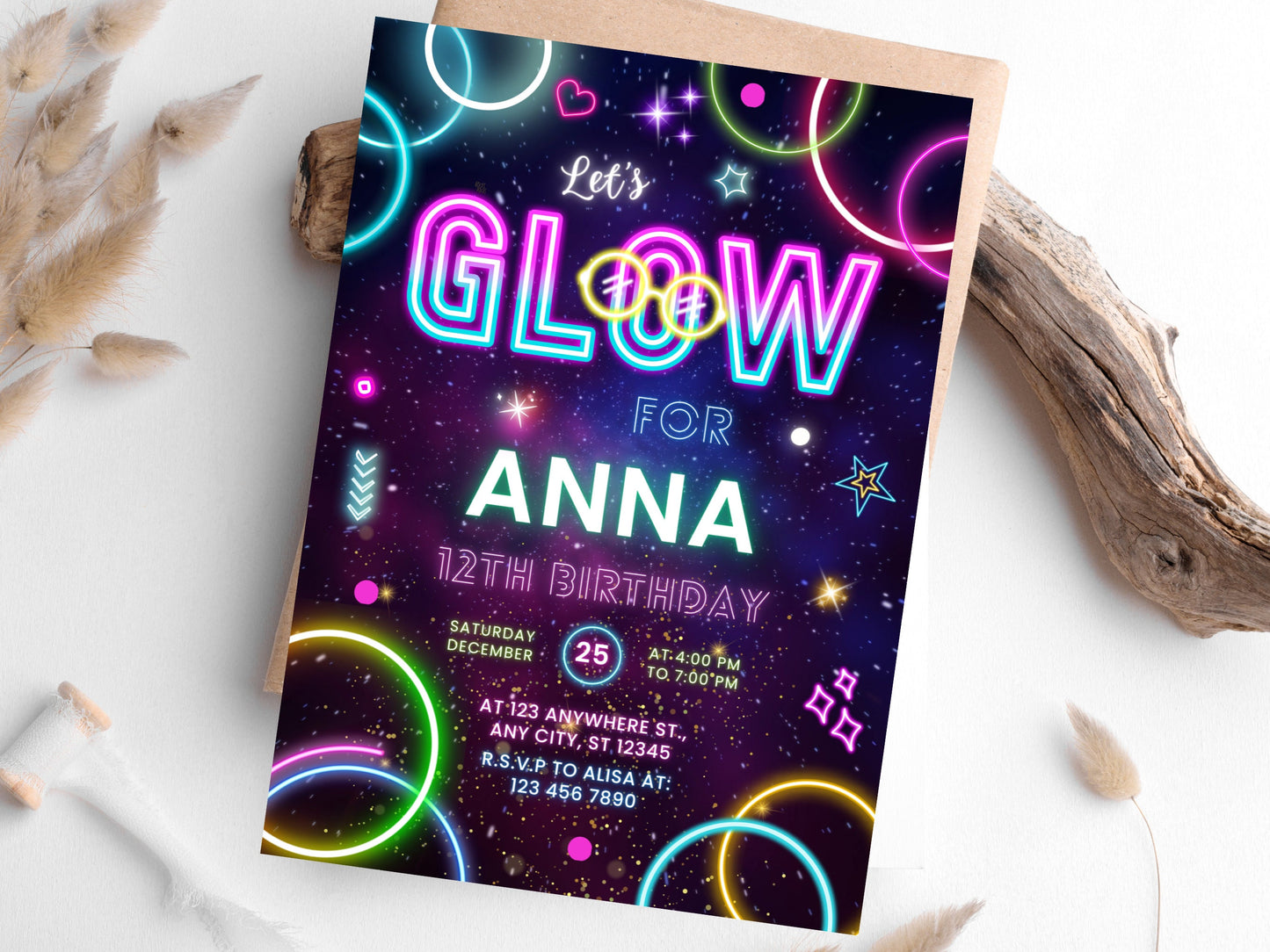 Editable Neon Glow Birthday Invitation Template (Digital Download)