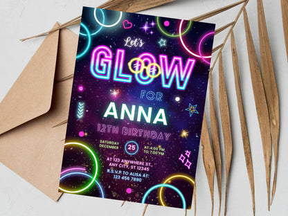 Editable Neon Glow Birthday Invitation Template (Digital Download)