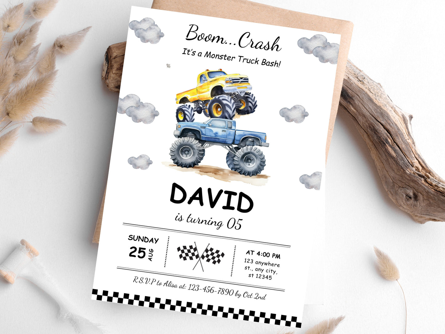 Editable Monster Truck Birthday Invitation Template, Big Wheel Party (Printable PDF)