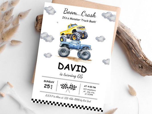 Editable Monster Truck Birthday Invitation Template, Big Wheel Party (Printable PDF)