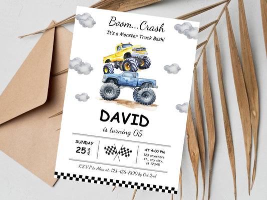 Editable Monster Truck Birthday Invitation Template, Big Wheel Party (Printable PDF)