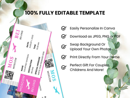 Editable Boarding Pass Template, Surprise Trip Gift (Canva)