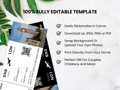 Editable Airline Ticket Boarding Pass, Surprise Trip Gift (Canva Template)