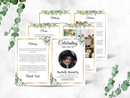 Floral Funeral Program Template, Obituary, Bi-Fold (Editable Canva)
