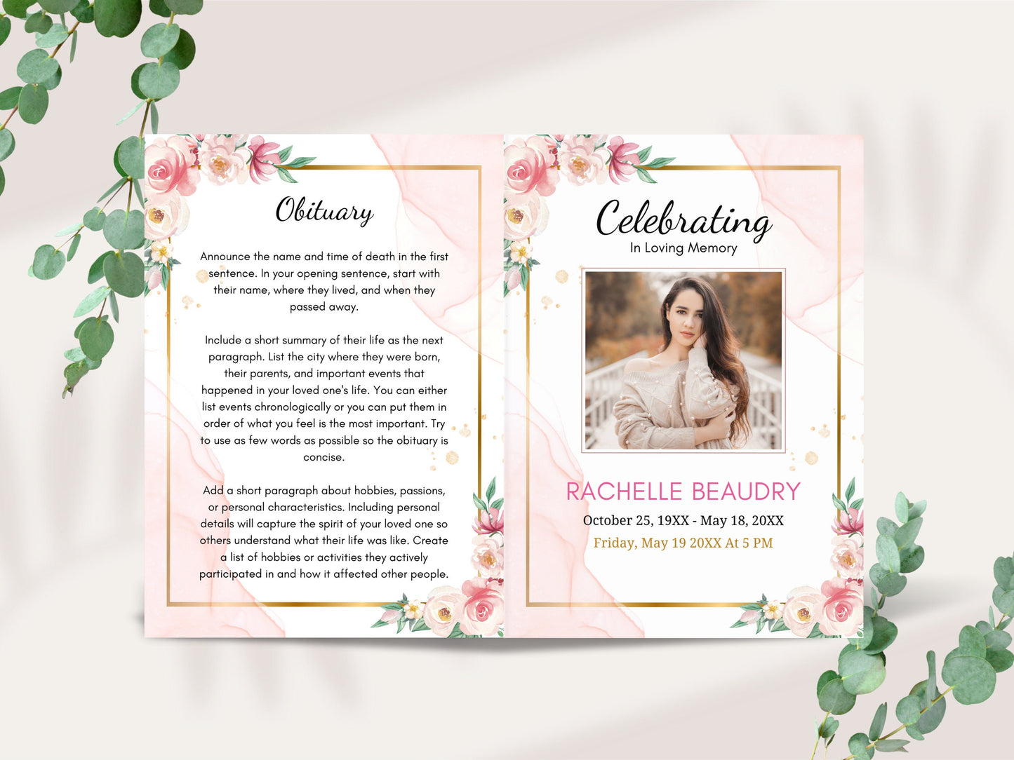 Editable Funeral Program Template, Obituary, Bi-Fold (Canva Template)