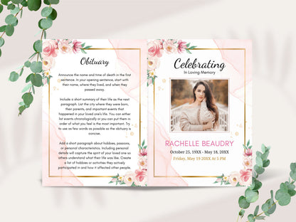 Editable Funeral Program Template, Obituary, Bi-Fold (Canva Template)