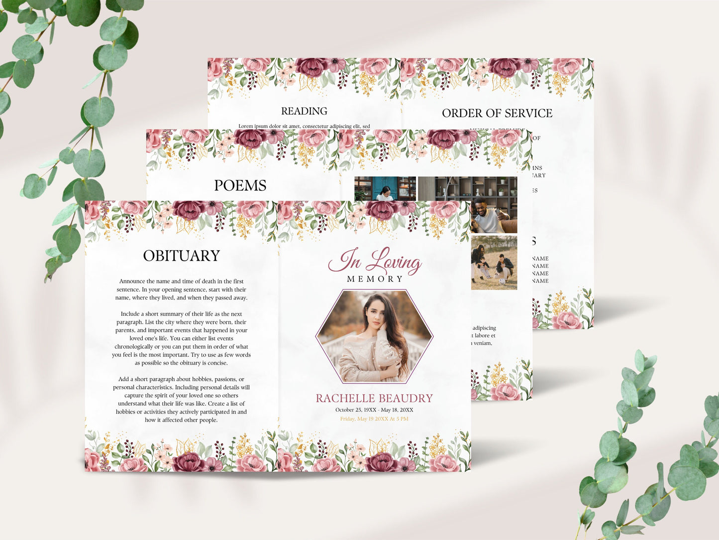 Floral Funeral Program Template, Obituary, Bi-Fold (Editable Canva Template)