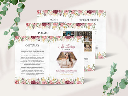 Floral Funeral Program Template, Obituary, Bi-Fold (Editable Canva Template)