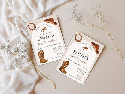 Invitation d'anniversaire modifiable pour le premier rodéo, Ranch du Sud-Ouest (Téléchargement numérique)