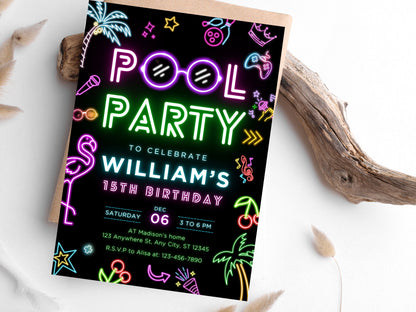 Bearbeitbare Neon-Poolparty-Geburtstagseinladung (Digitaler Download)