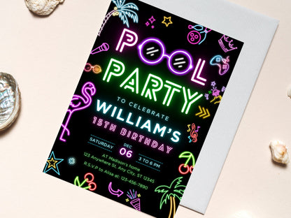 Bearbeitbare Neon-Poolparty-Geburtstagseinladung (Digitaler Download)
