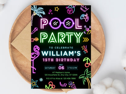 Bearbeitbare Neon-Poolparty-Geburtstagseinladung (Digitaler Download)