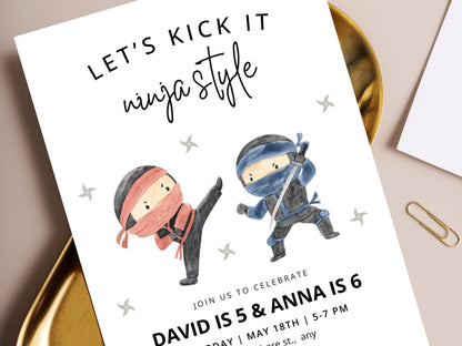 Ninja Birthday Invitation, Editable Siblings Karate Party Invite (Digital Download)