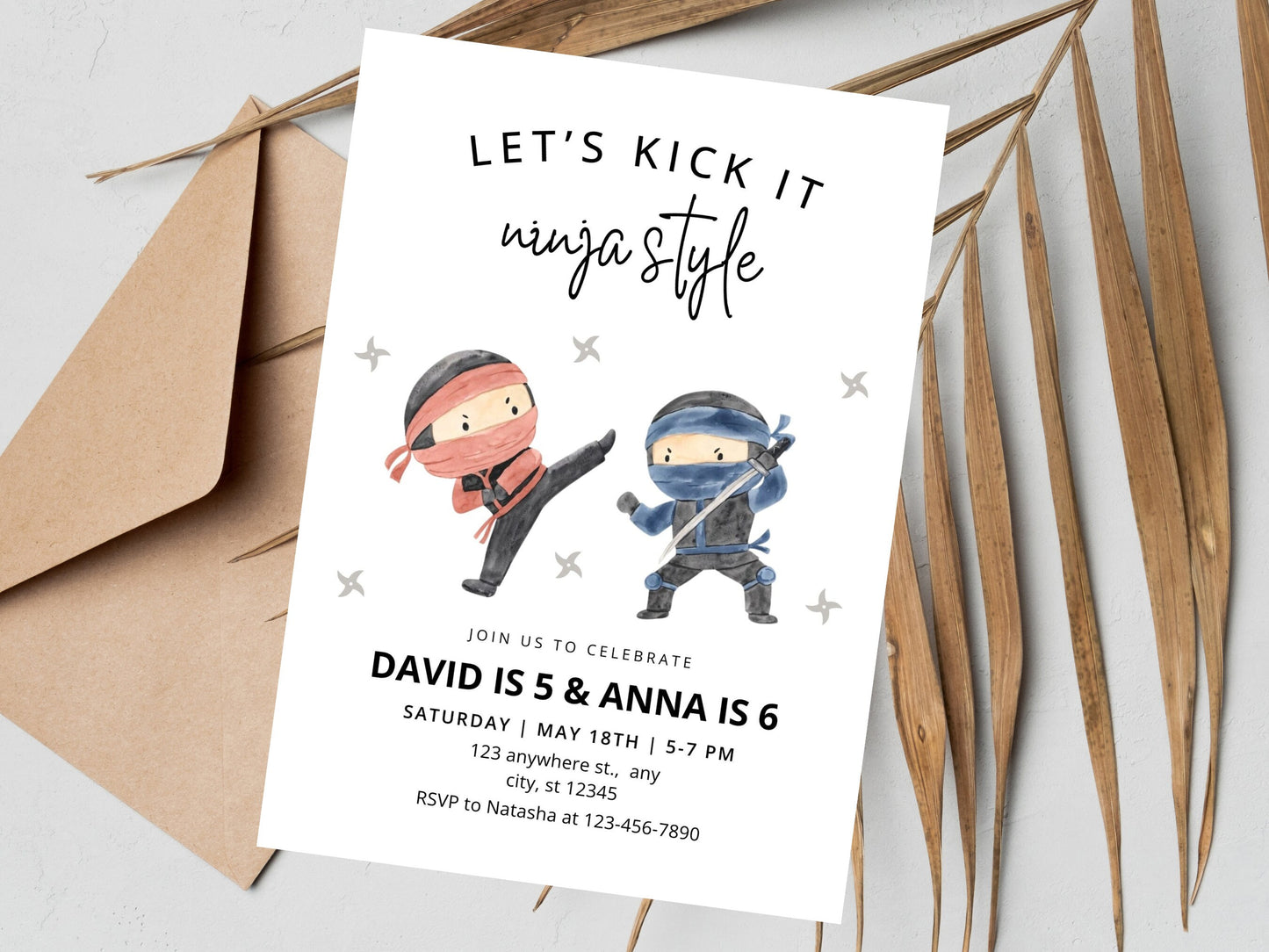 Ninja Birthday Invitation, Editable Siblings Karate Party Invite (Digital Download)