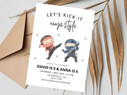 Ninja Birthday Invitation, Editable Siblings Karate Party Invite (Digital Download)