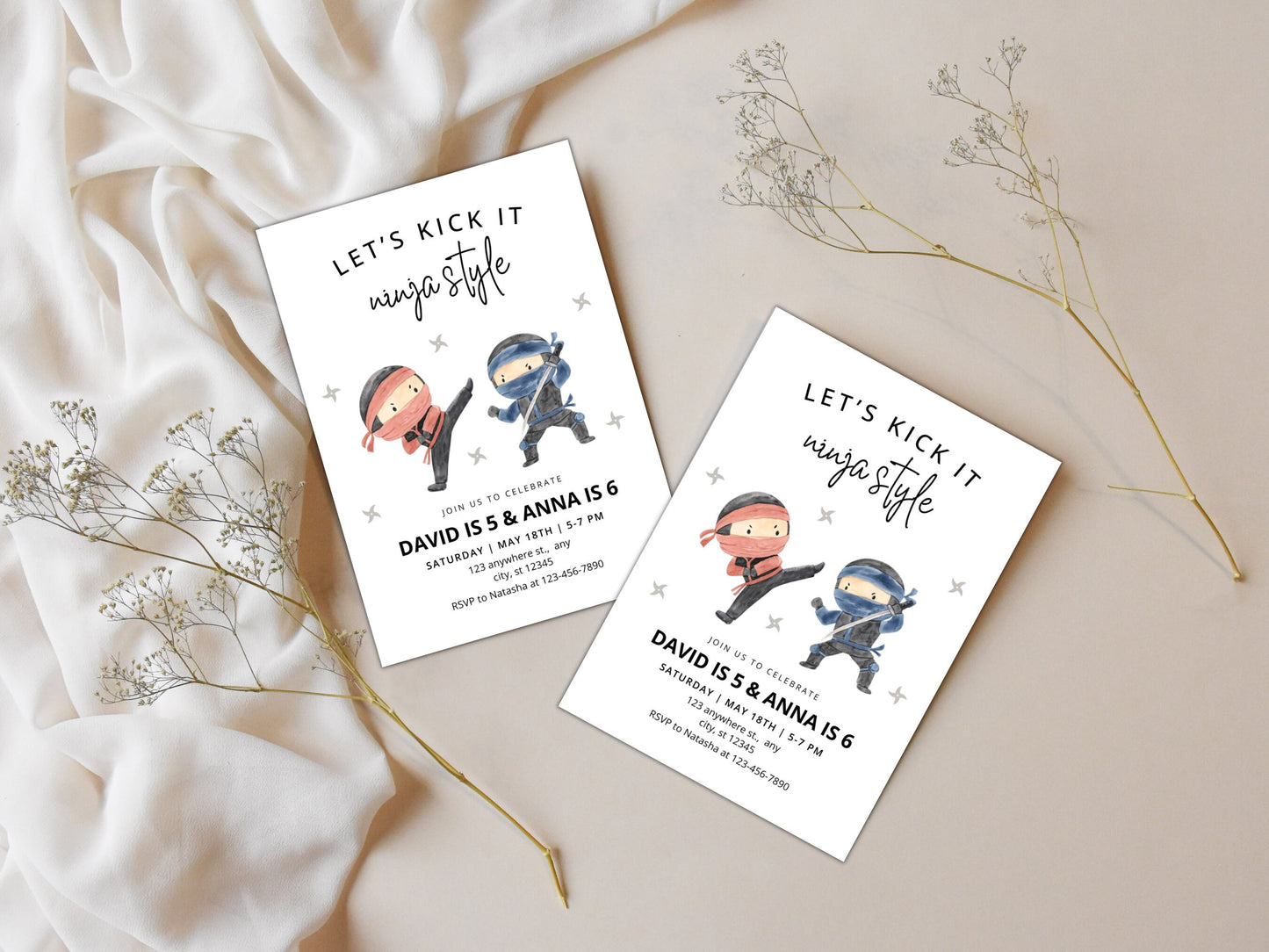 Ninja Birthday Invitation, Editable Siblings Karate Party Invite (Digital Download)