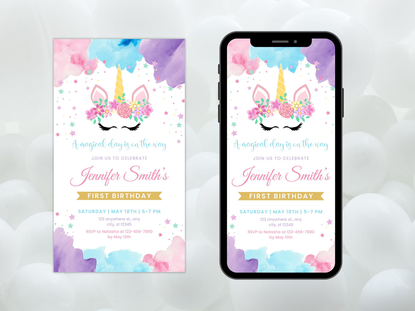 Modèle d'invitation d'anniversaire Licorne Florale, Journée Magique pour Fille (Téléchargement Numérique)