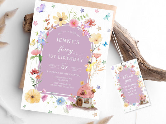 Fairy 1st Birthday Invitation Template, Blush Wildflower Garden (Digital Download)