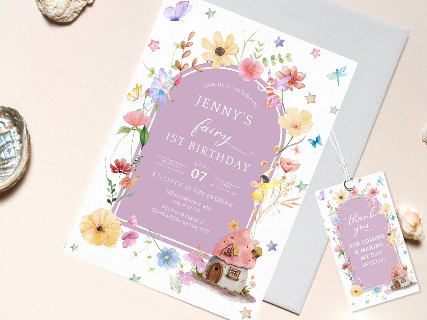 Fairy 1st Birthday Invitation Template, Blush Wildflower Garden (Digital Download)