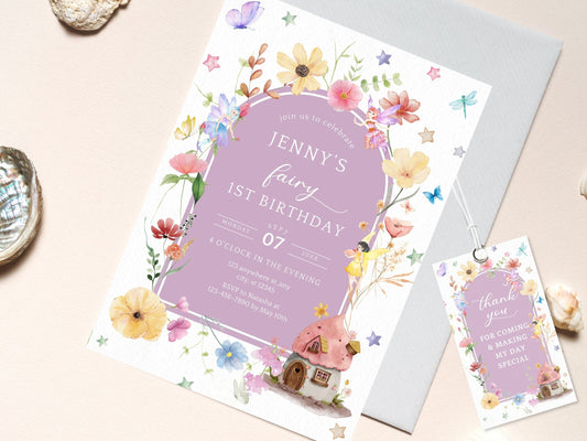 Fairy 1st Birthday Invitation Template, Blush Wildflower Garden (Digital Download)