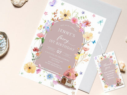 Fairy First Birthday Invitation Template, Blush Boho Wildflower (Digital Download)