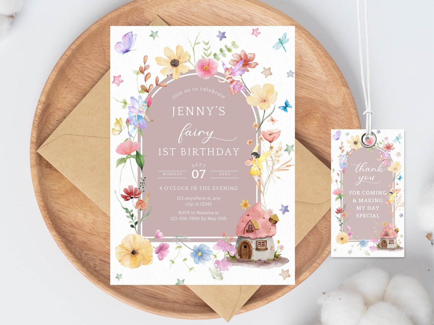 Fairy First Birthday Invitation Template, Blush Boho Wildflower (Digital Download)